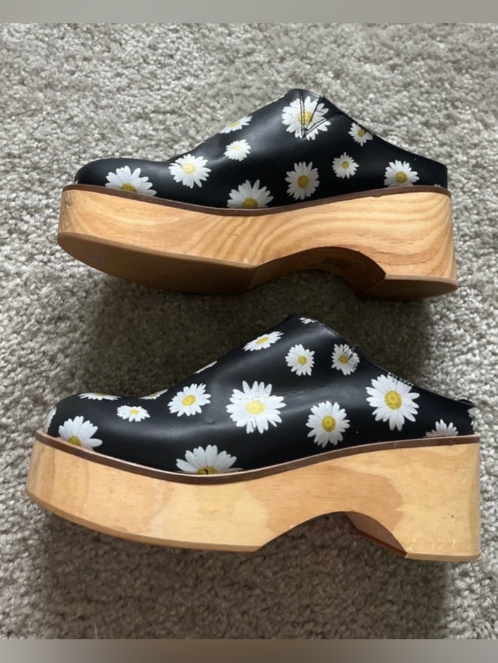 Free People Conversational Black Daisy Platform Wooden Clogs 8